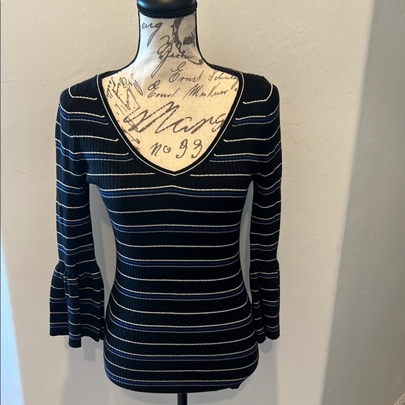 WHBM Black Blue and White Striped Women's Top - Picture 1 of 5